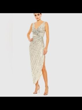 Mac Duggal Ivory Sequin Asymmetric High-Low Wrap Dress